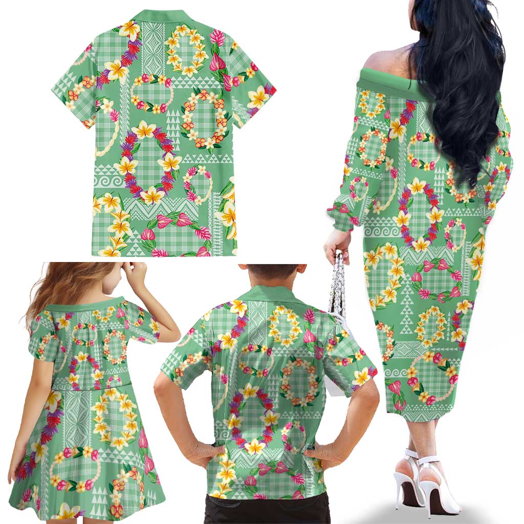 Hawaiian Leis Family Matching Off The Shoulder Long Sleeve Dress and Hawaiian Shirt Kakau Tattoos and Palaka Pastel Green Color