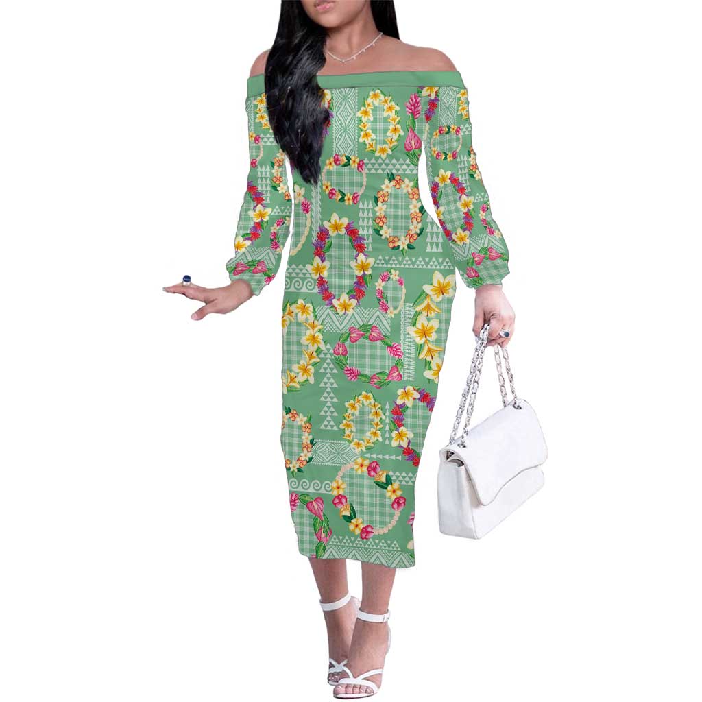 Hawaiian Leis Family Matching Off The Shoulder Long Sleeve Dress and Hawaiian Shirt Kakau Tattoos and Palaka Pastel Green Color