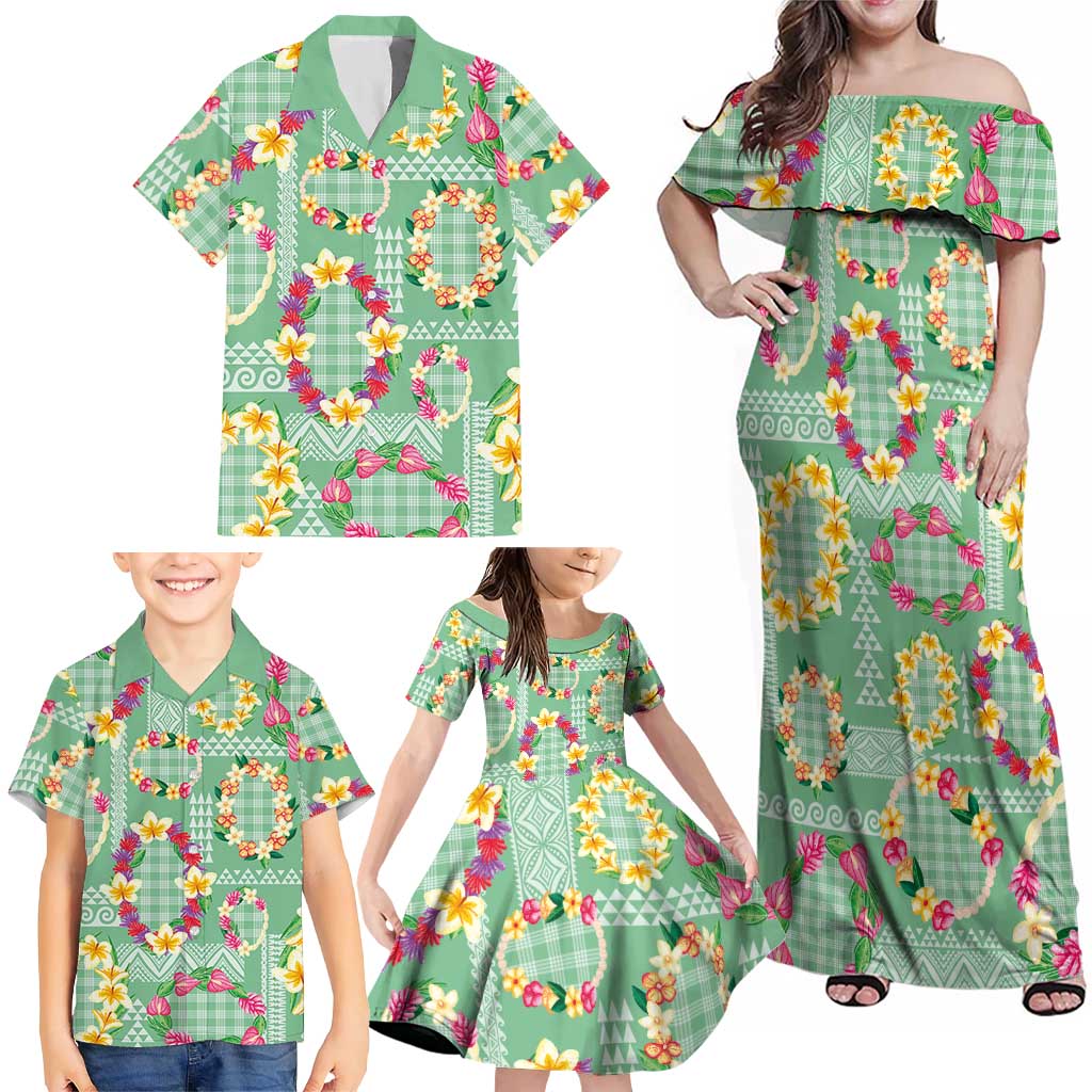 Hawaiian Leis Family Matching Off Shoulder Maxi Dress and Hawaiian Shirt Kakau Tattoos and Palaka Pastel Green Color LT03 - Polynesian Pride