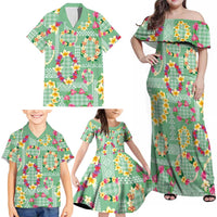 Hawaiian Leis Family Matching Off Shoulder Maxi Dress and Hawaiian Shirt Kakau Tattoos and Palaka Pastel Green Color