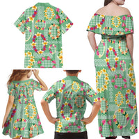Hawaiian Leis Family Matching Off Shoulder Maxi Dress and Hawaiian Shirt Kakau Tattoos and Palaka Pastel Green Color