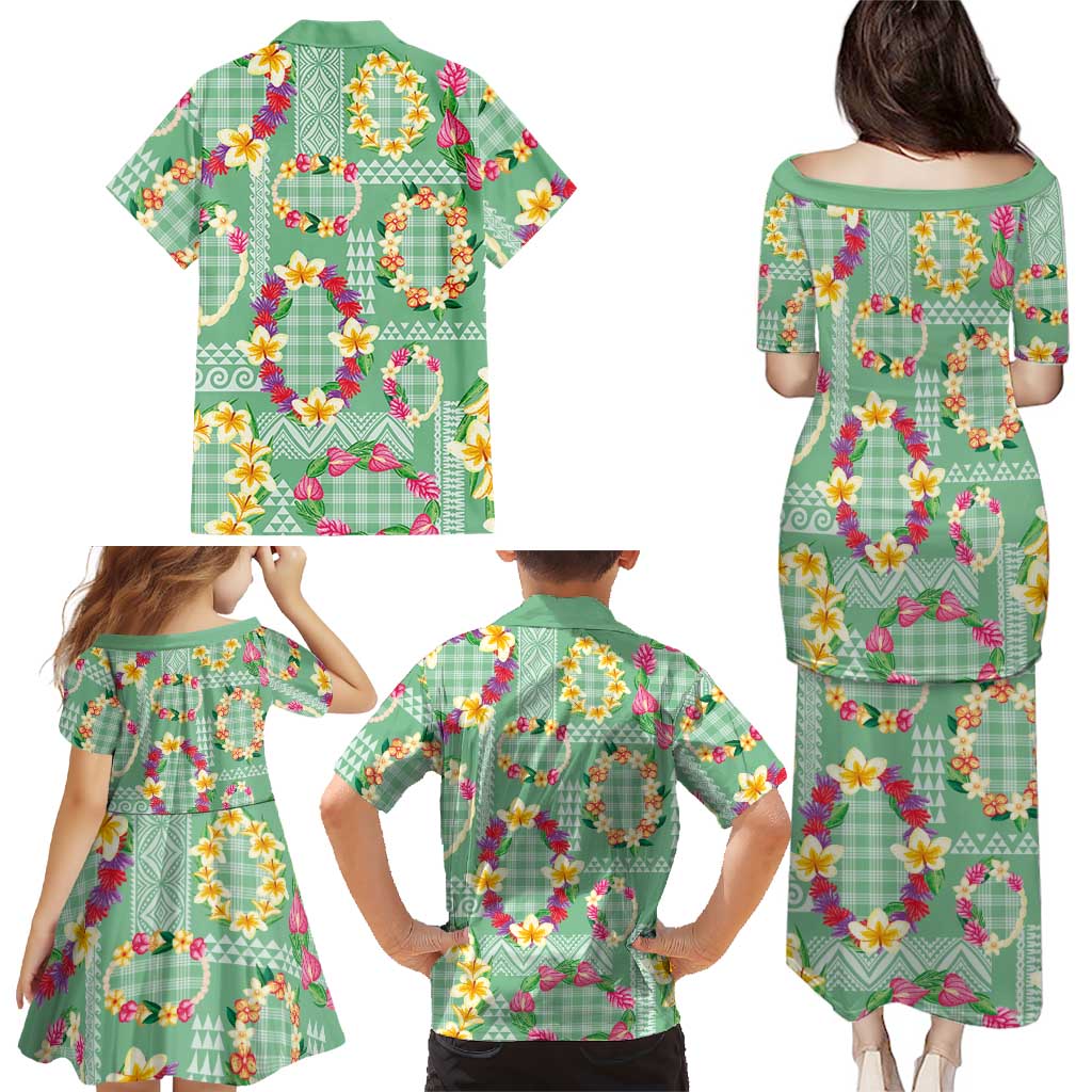 Hawaiian Leis Family Matching Puletasi and Hawaiian Shirt Kakau Tattoos and Palaka Pastel Green Color