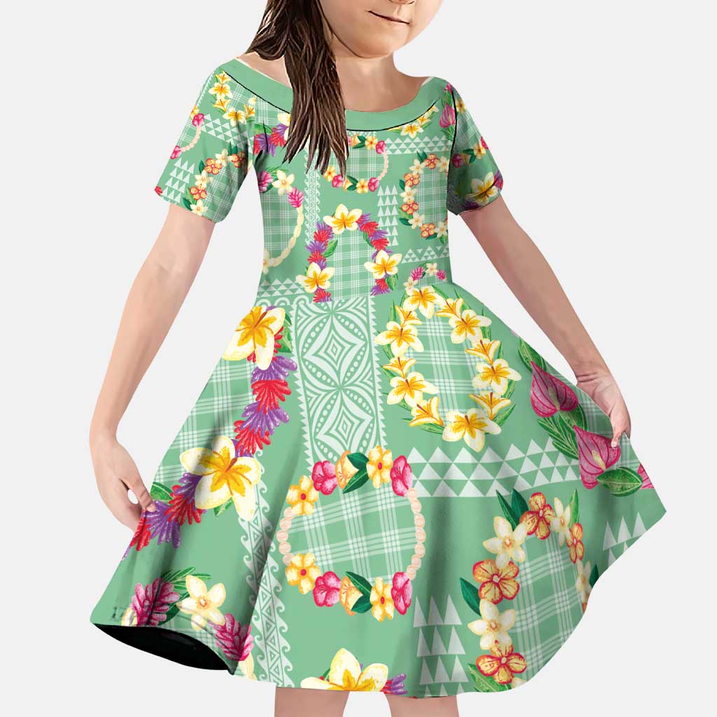 Hawaiian Leis Family Matching Short Sleeve Bodycon Dress and Hawaiian Shirt Kakau Tattoos and Palaka Pastel Green Color