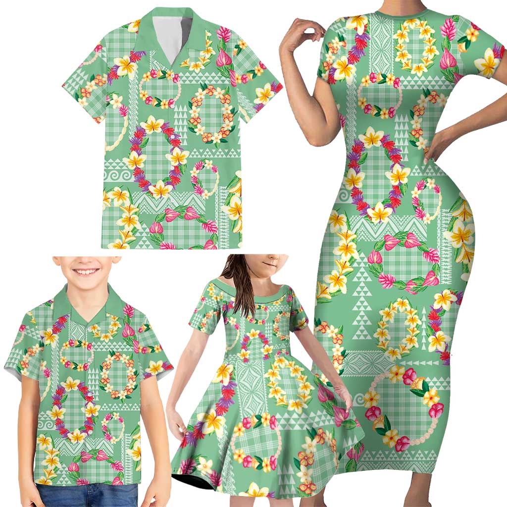 Hawaiian Leis Family Matching Short Sleeve Bodycon Dress and Hawaiian Shirt Kakau Tattoos and Palaka Pastel Green Color