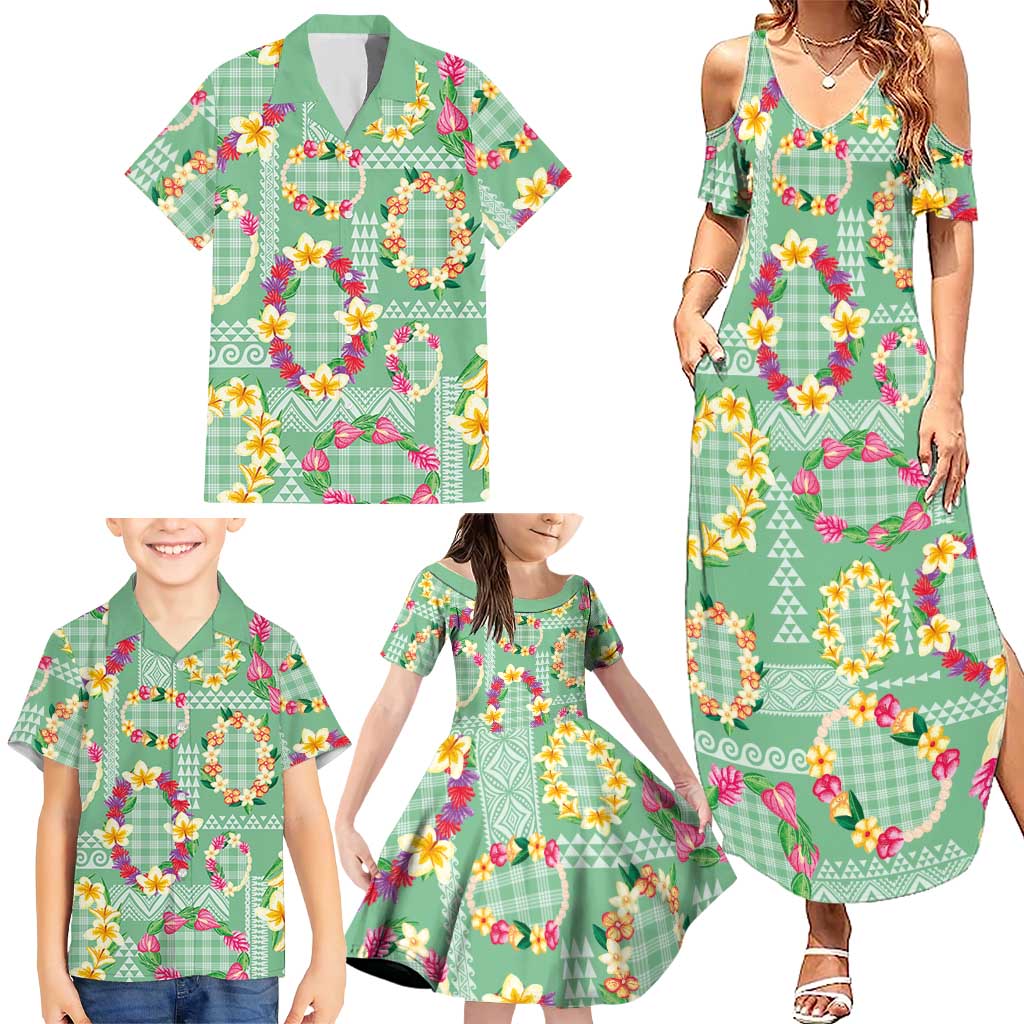 Hawaiian Leis Family Matching Summer Maxi Dress and Hawaiian Shirt Kakau Tattoos and Palaka Pastel Green Color LT03 - Polynesian Pride