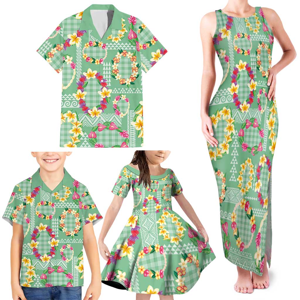 Hawaiian Leis Family Matching Tank Maxi Dress and Hawaiian Shirt Kakau Tattoos and Palaka Pastel Green Color