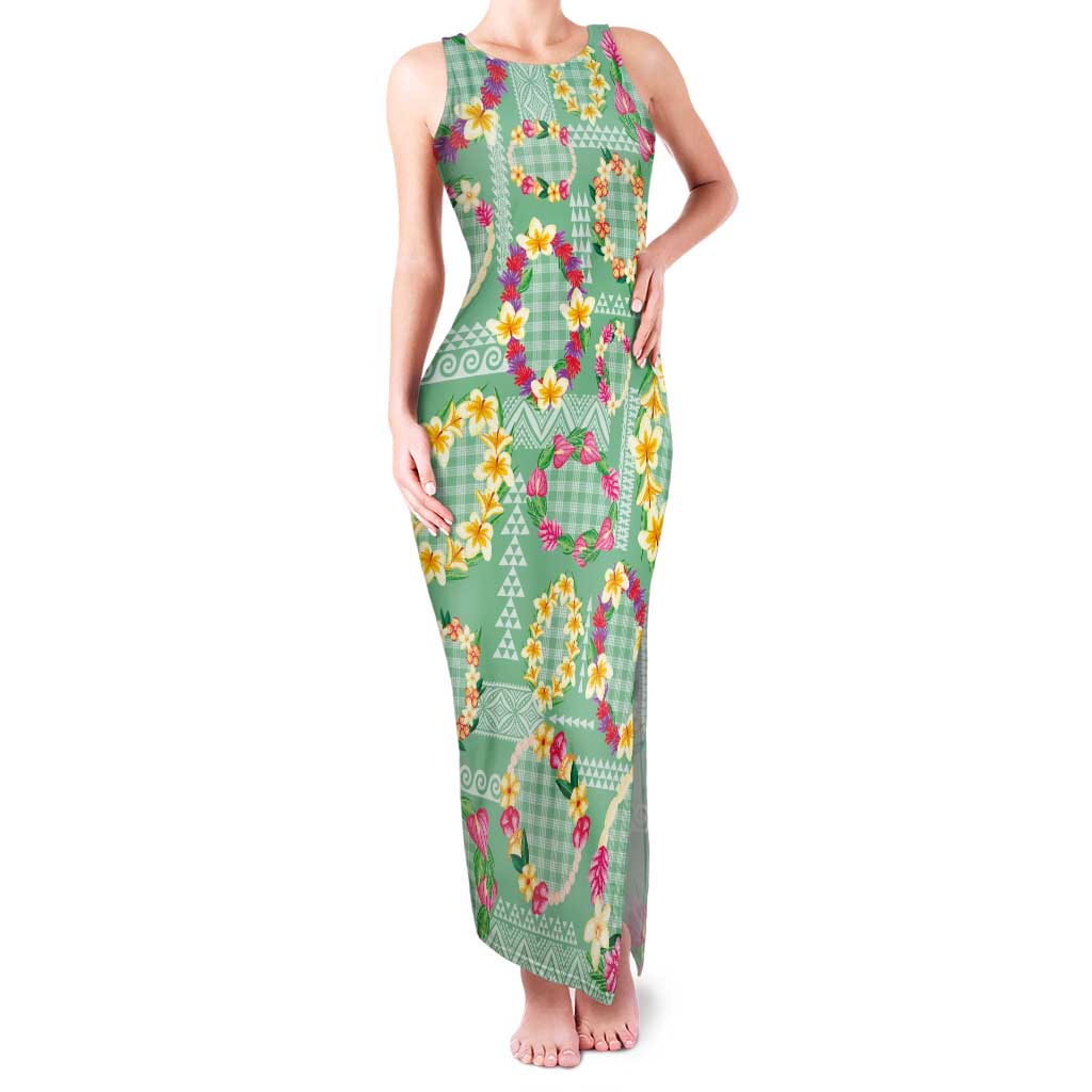 Hawaiian Leis Family Matching Tank Maxi Dress and Hawaiian Shirt Kakau Tattoos and Palaka Pastel Green Color