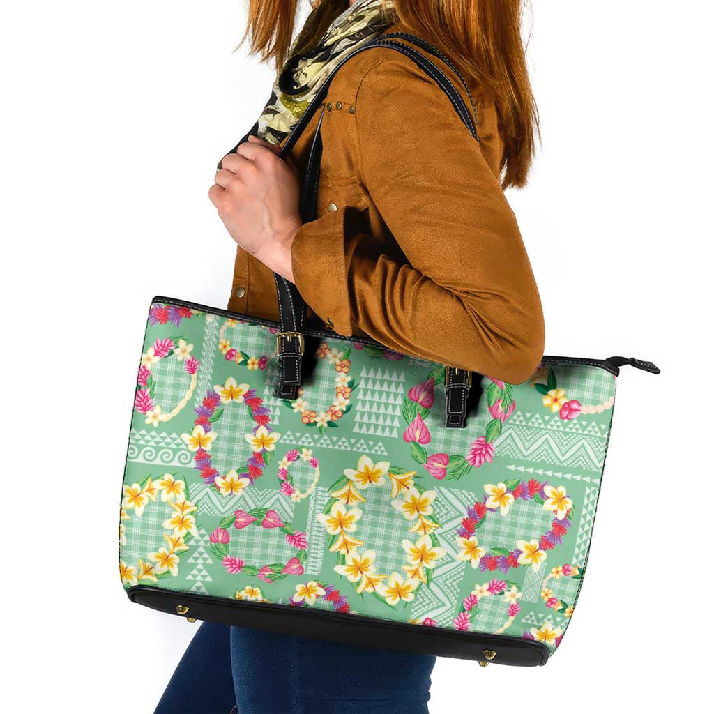 Hawaiian Leis Leather Tote Bag Kakau Tattoos and Palaka Pastel Green Color LT03 Green - Polynesian Pride