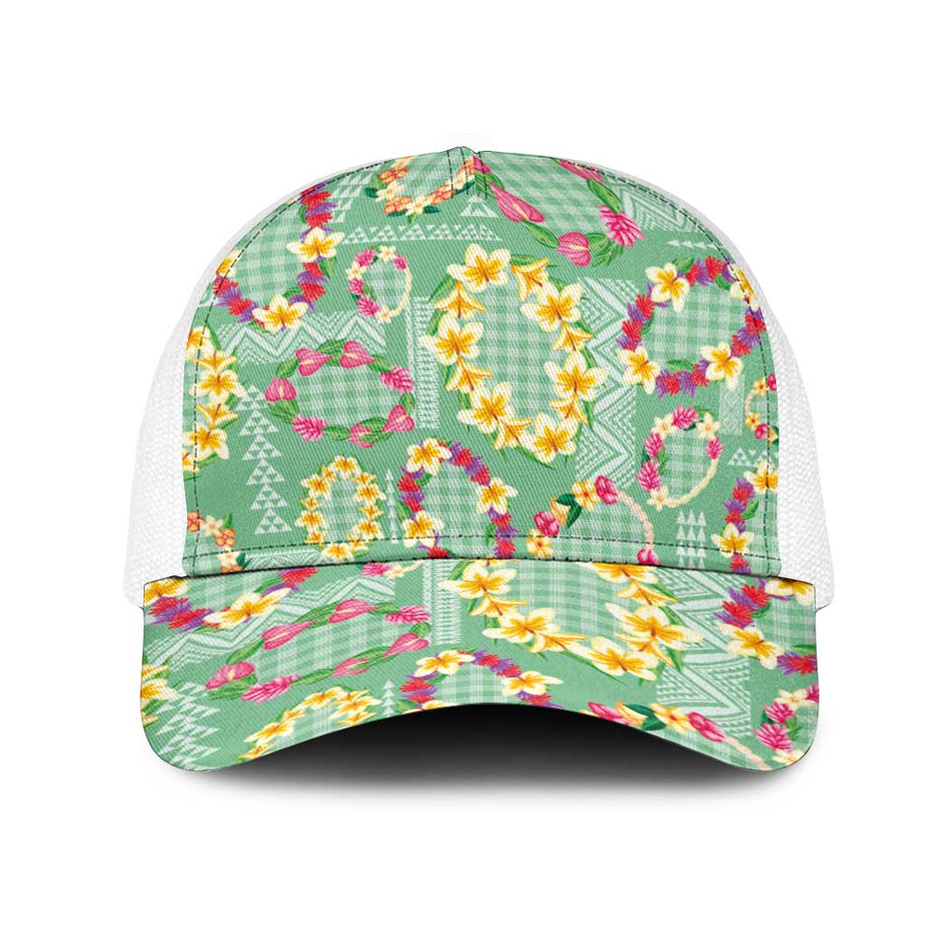 Hawaiian Leis Mesh Trucker Cap Kakau Tattoos and Palaka Pastel Green Color