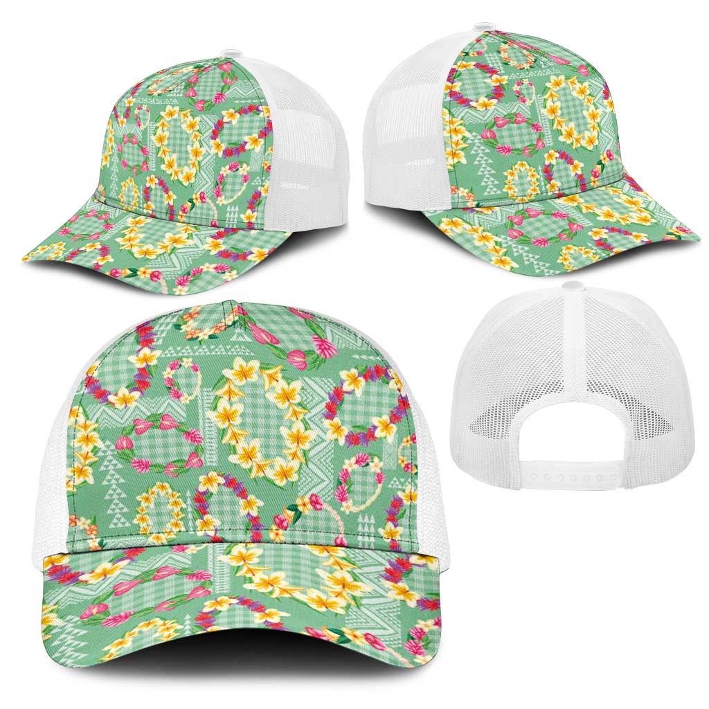 Hawaiian Leis Mesh Trucker Cap Kakau Tattoos and Palaka Pastel Green Color