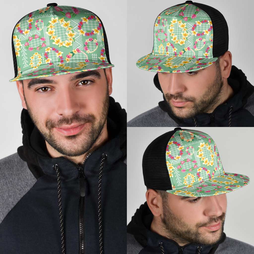 Hawaiian Leis Mesh Trucker Cap Kakau Tattoos and Palaka Pastel Green Color
