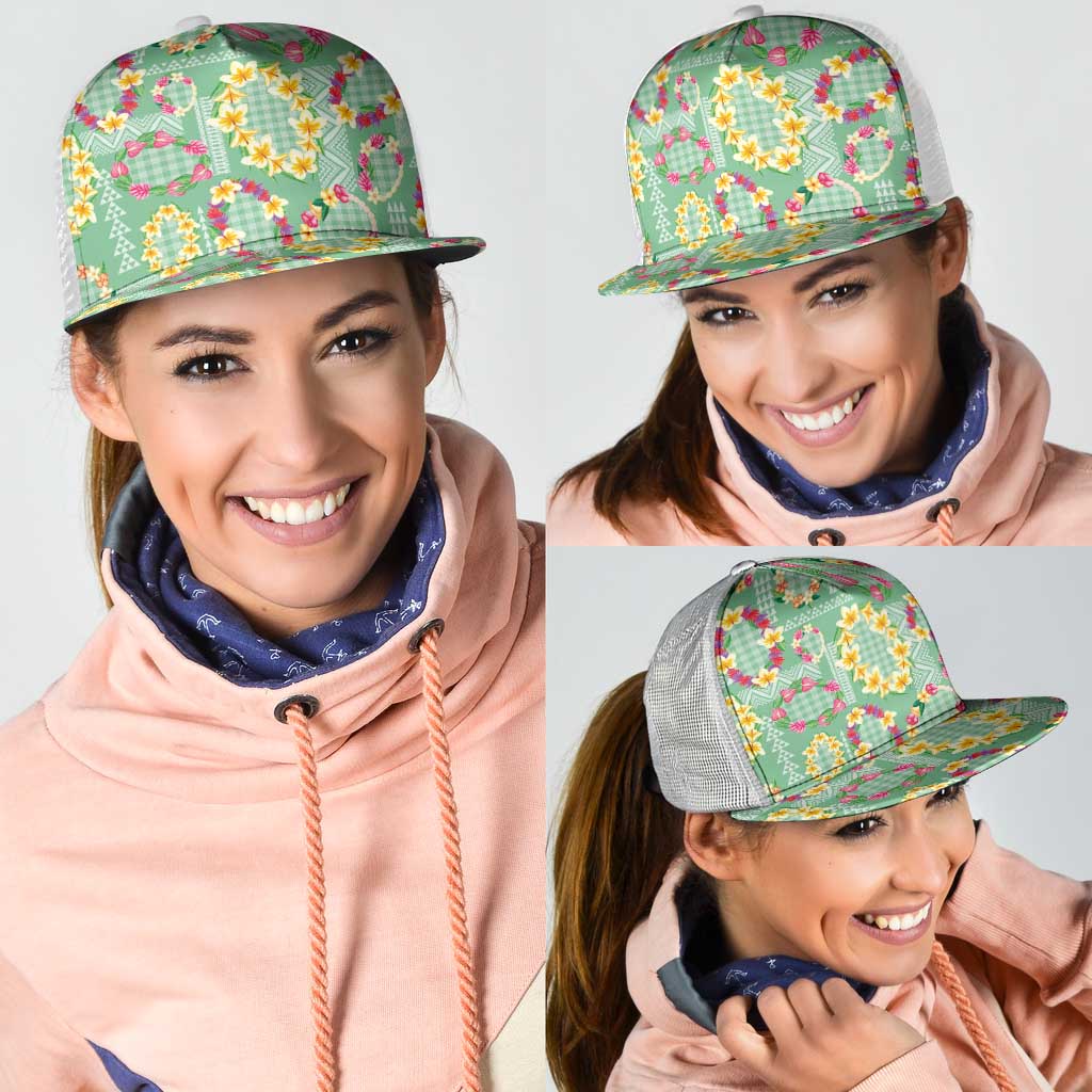 Hawaiian Leis Mesh Trucker Cap Kakau Tattoos and Palaka Pastel Green Color