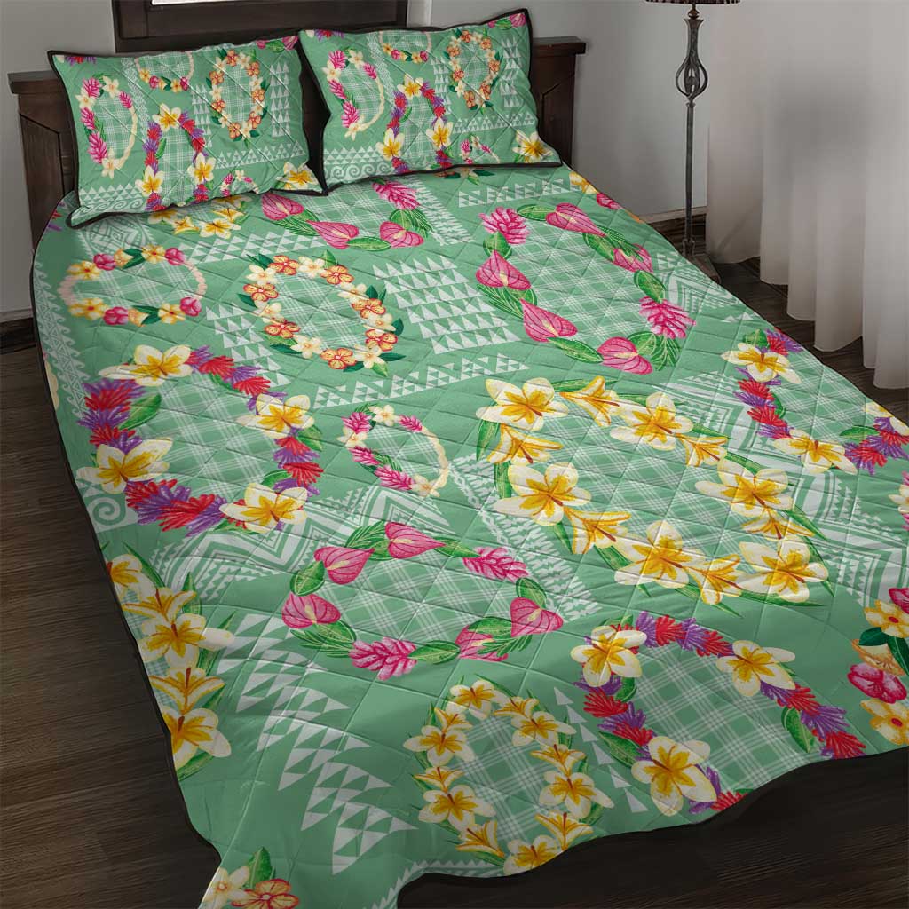 Hawaiian Leis Quilt Bed Set Kakau Tattoos and Palaka Pastel Green Color