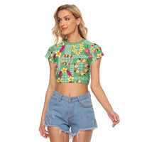 Hawaiian Leis Raglan Cropped T Shirt Kakau Tattoos and Palaka Pastel Green Color