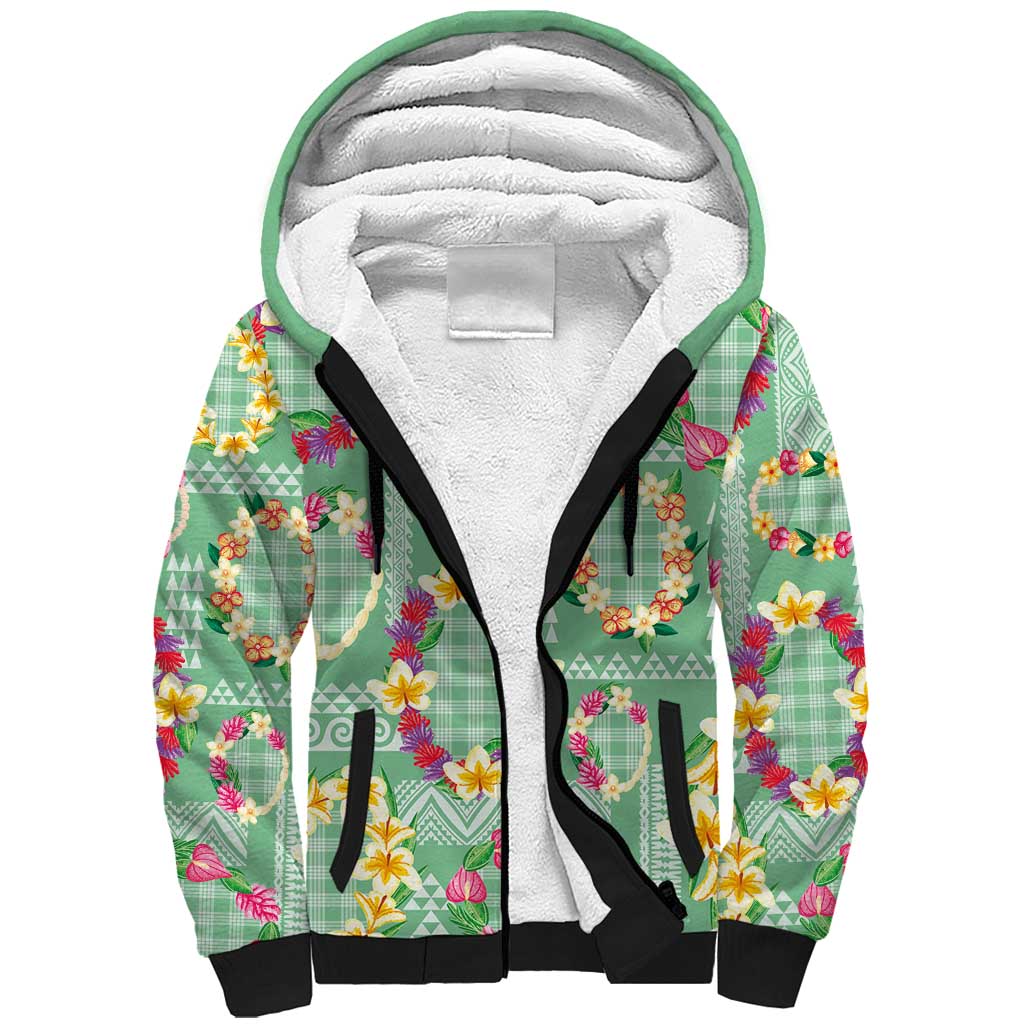 Hawaiian Leis Sherpa Hoodie Kakau Tattoos and Palaka Pastel Green Color