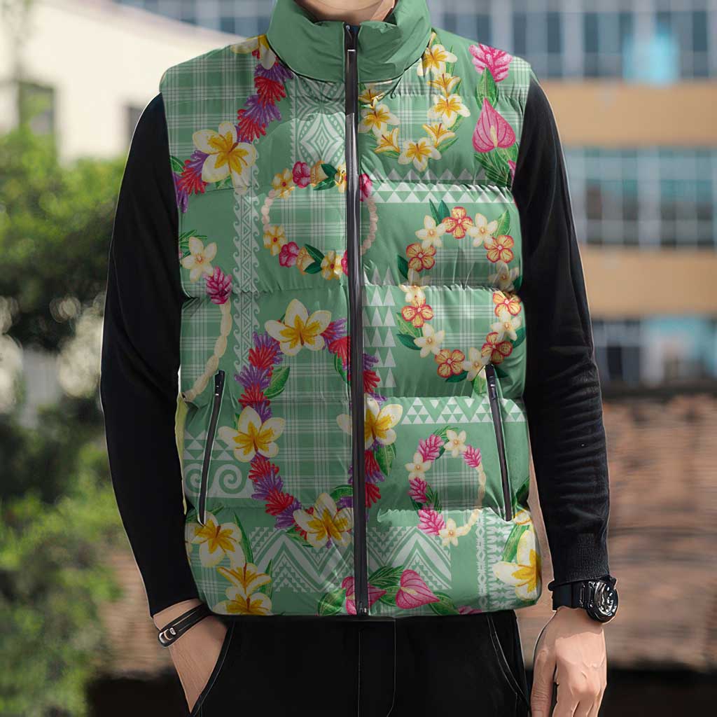 Hawaiian Leis Sleeveless Puffer Jacket Kakau Tattoos and Palaka Pastel Green Color