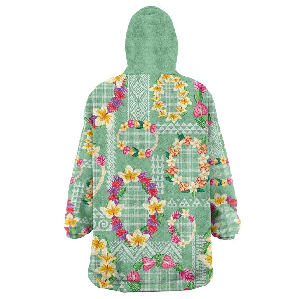 Hawaiian Leis Wearable Blanket Hoodie Kakau Tattoos and Palaka Pastel Green Color