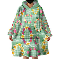Hawaiian Leis Wearable Blanket Hoodie Kakau Tattoos and Palaka Pastel Green Color