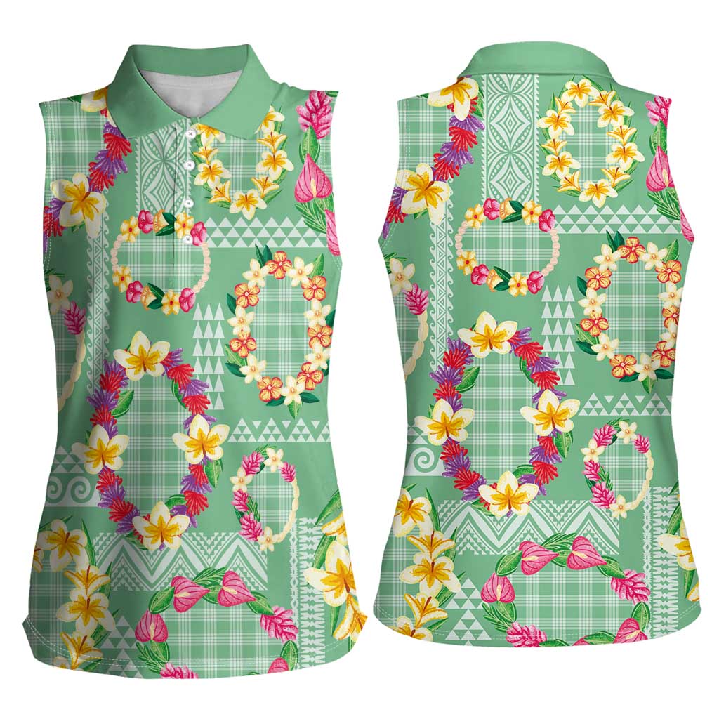 Hawaiian Leis Women Sleeveless Polo Shirt Kakau Tattoos and Palaka Pastel Green Color