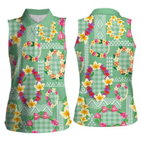 Hawaiian Leis Women Sleeveless Polo Shirt Kakau Tattoos and Palaka Pastel Green Color