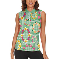 Hawaiian Leis Women Sleeveless Polo Shirt Kakau Tattoos and Palaka Pastel Green Color