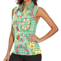 Hawaiian Leis Women Sleeveless Polo Shirt Kakau Tattoos and Palaka Pastel Green Color