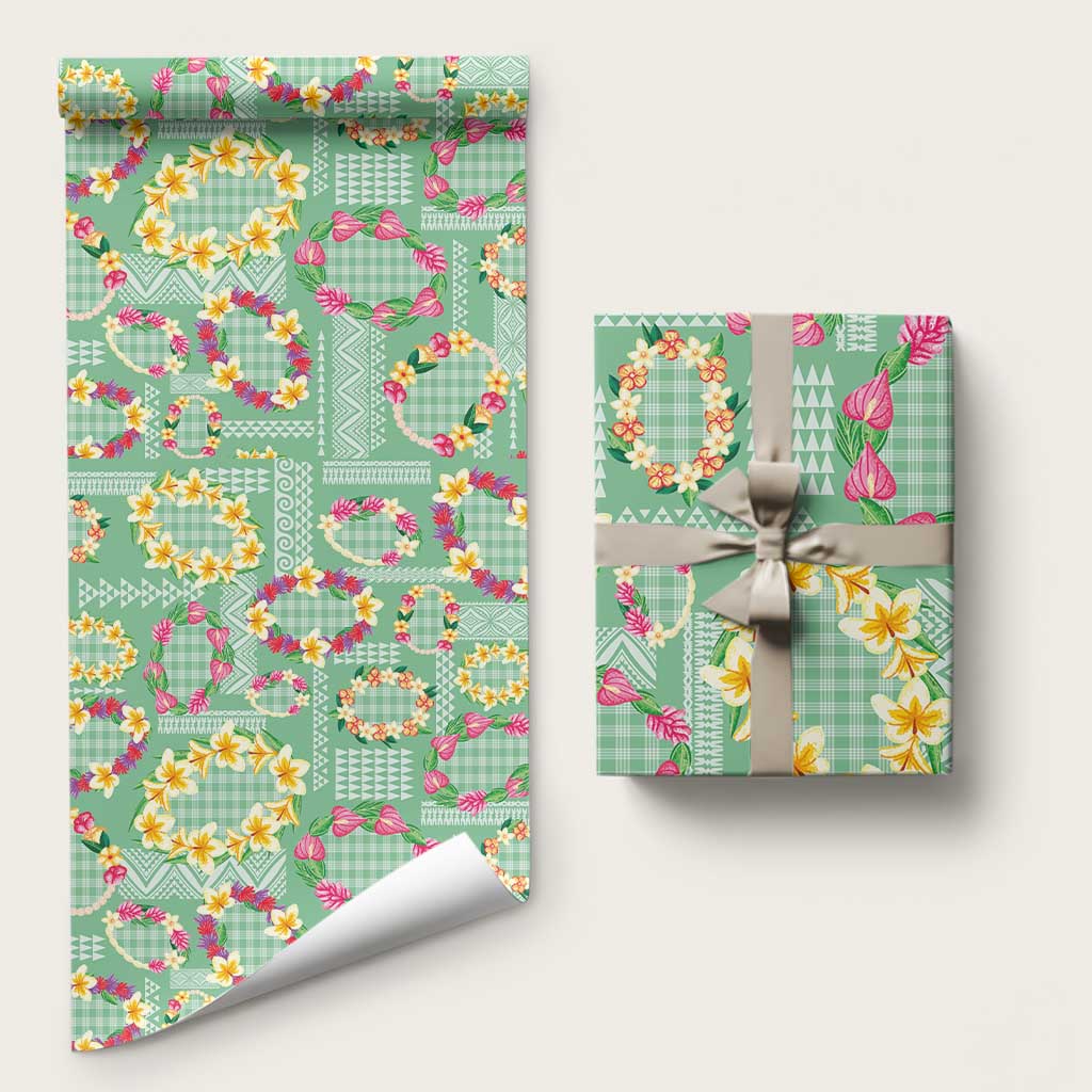 Hawaiian Leis Wrapping Paper Kakau Tattoos and Palaka Pastel Green Color LT03 58" × 23" Green - Polynesian Pride