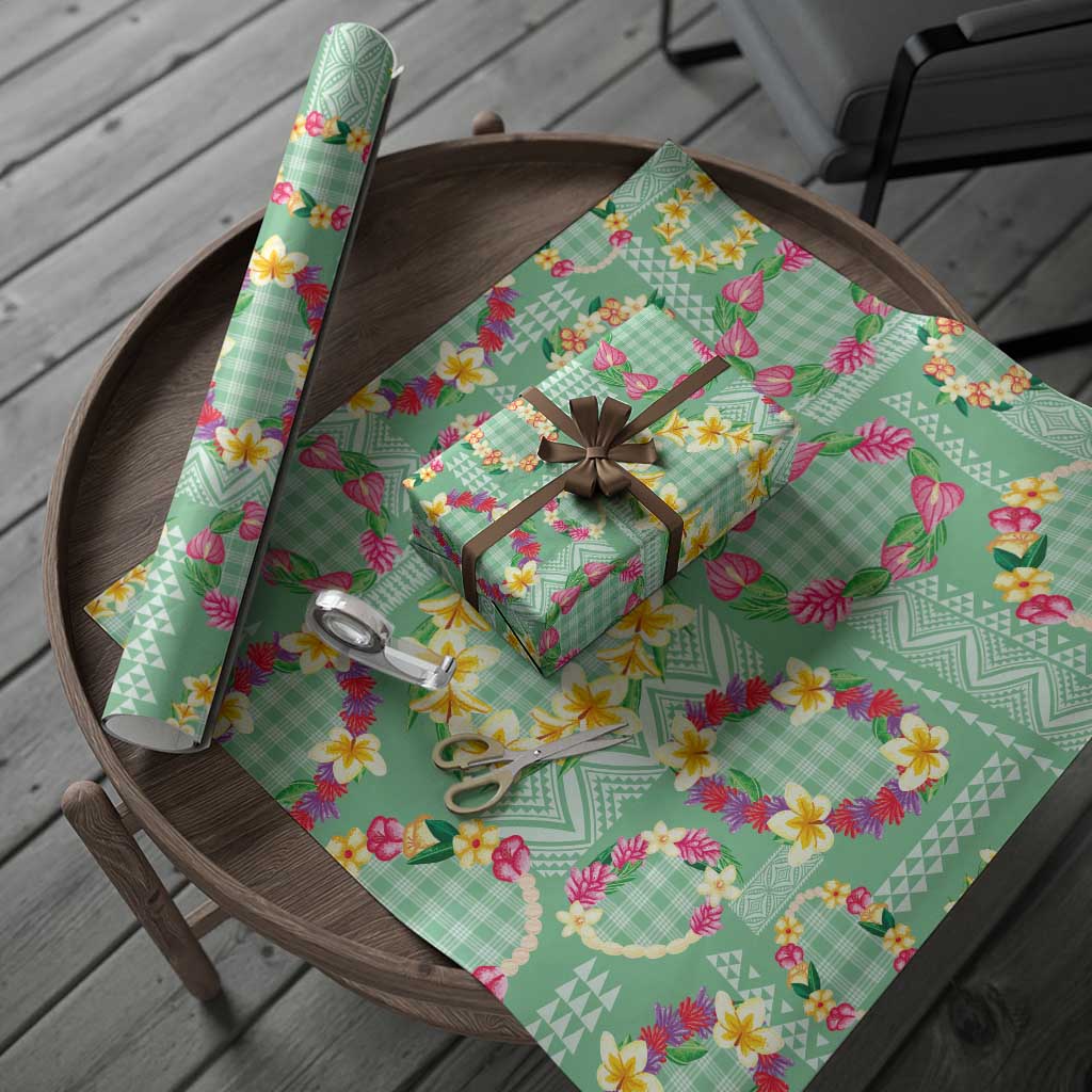 Hawaiian Leis Wrapping Paper Kakau Tattoos and Palaka Pastel Green Color LT03 - Polynesian Pride