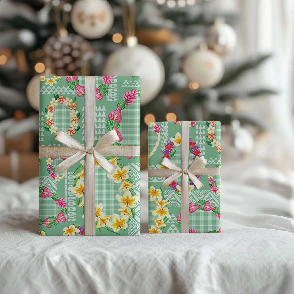 Hawaiian Leis Wrapping Paper Kakau Tattoos and Palaka Pastel Green Color LT03 - Polynesian Pride