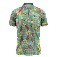 Hawaiian Leis Zipper Polo Shirt Kakau Tattoos and Palaka Pastel Green Color