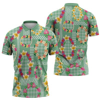Hawaiian Leis Zipper Polo Shirt Kakau Tattoos and Palaka Pastel Green Color