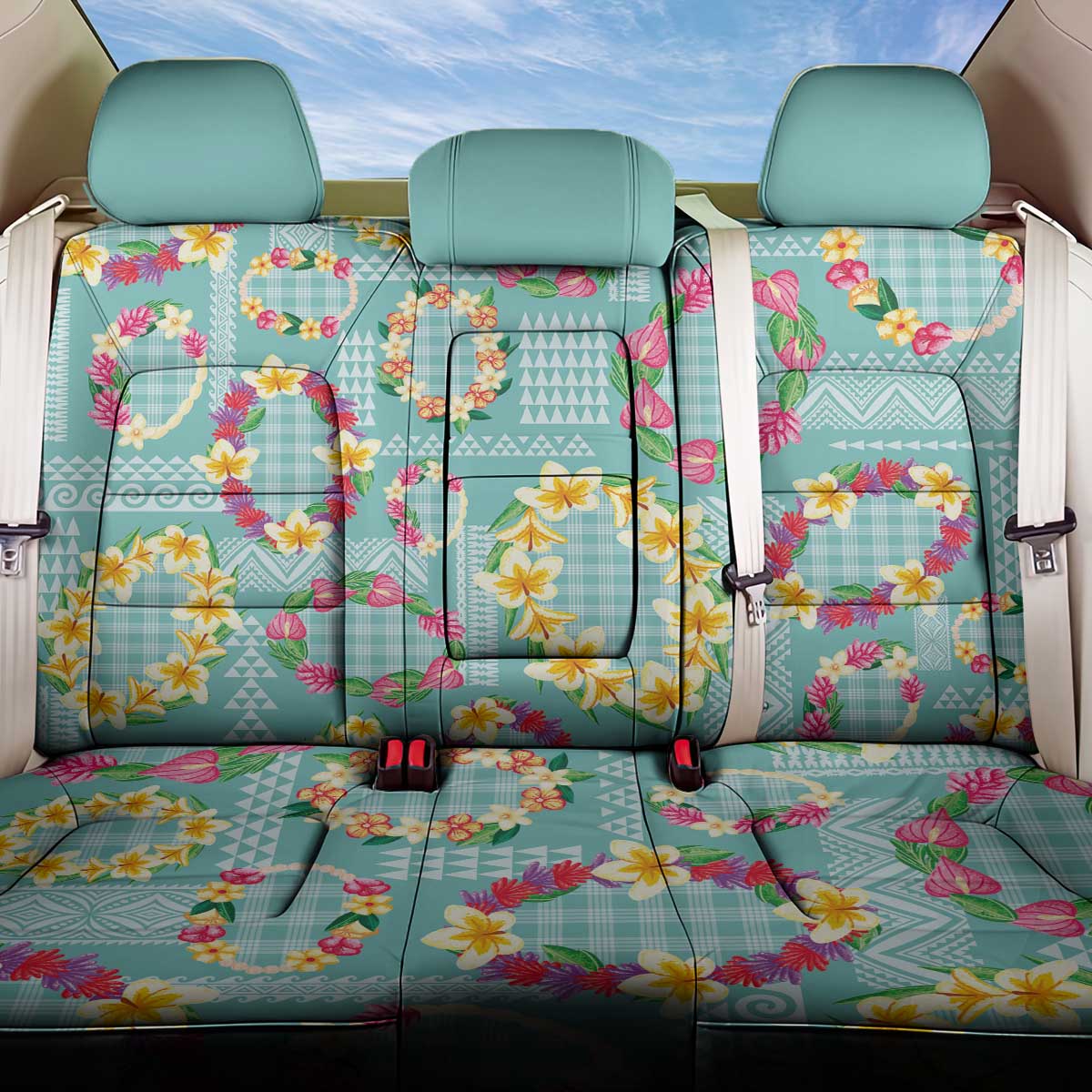 Hawaiian Leis Back Car Seat Cover Kakau Tattoos and Palaka Pastel Teal Color