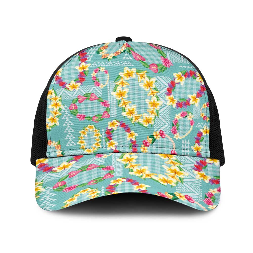 Hawaiian Leis Baseball Net Cap Kakau Tattoos and Palaka Pastel Teal Color