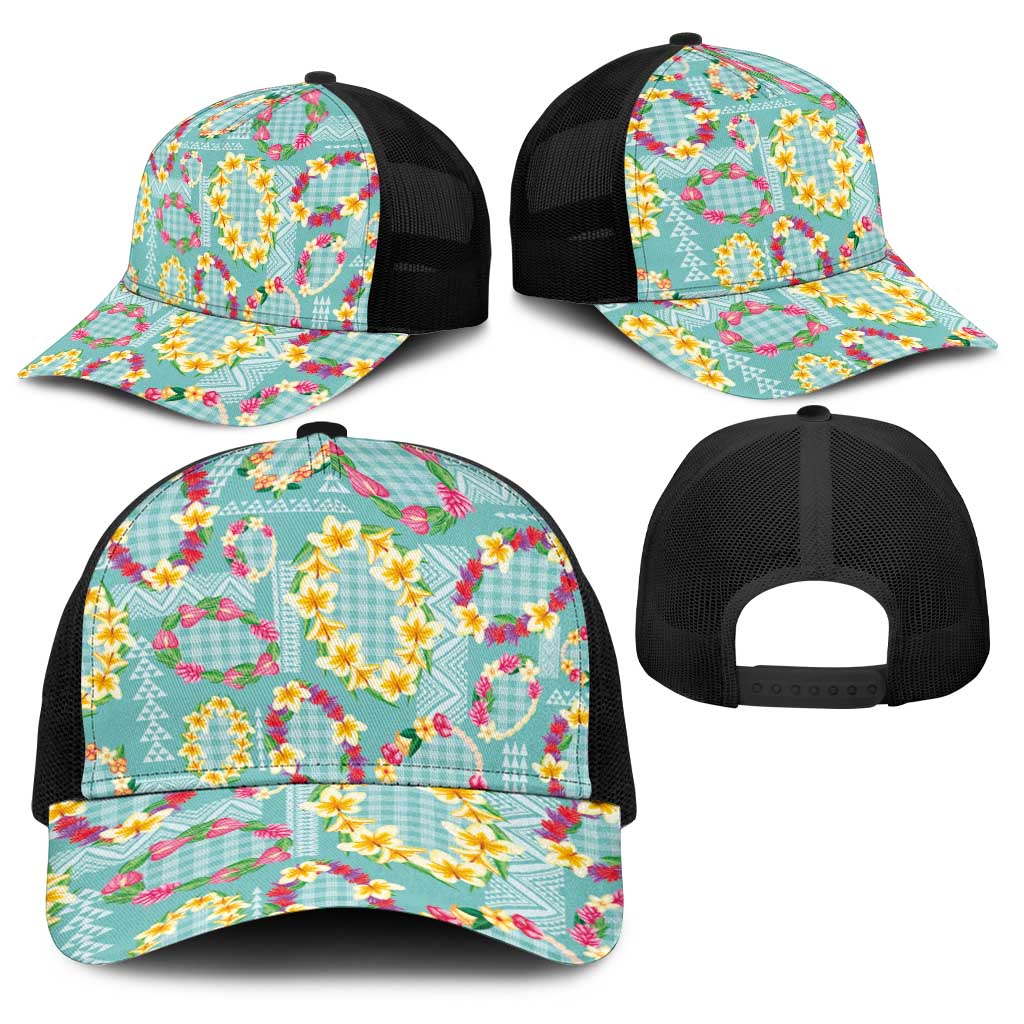 Hawaiian Leis Baseball Net Cap Kakau Tattoos and Palaka Pastel Teal Color