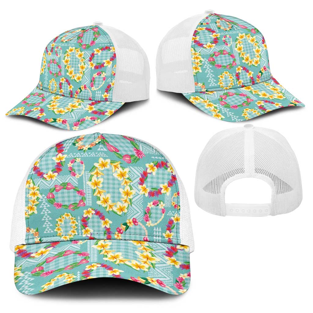 Hawaiian Leis Baseball Net Cap Kakau Tattoos and Palaka Pastel Teal Color