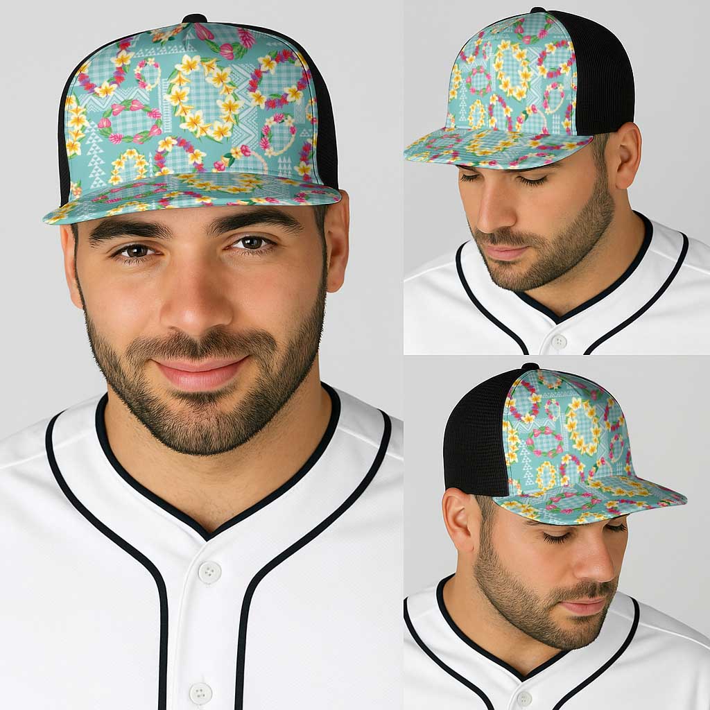 Hawaiian Leis Baseball Net Cap Kakau Tattoos and Palaka Pastel Teal Color