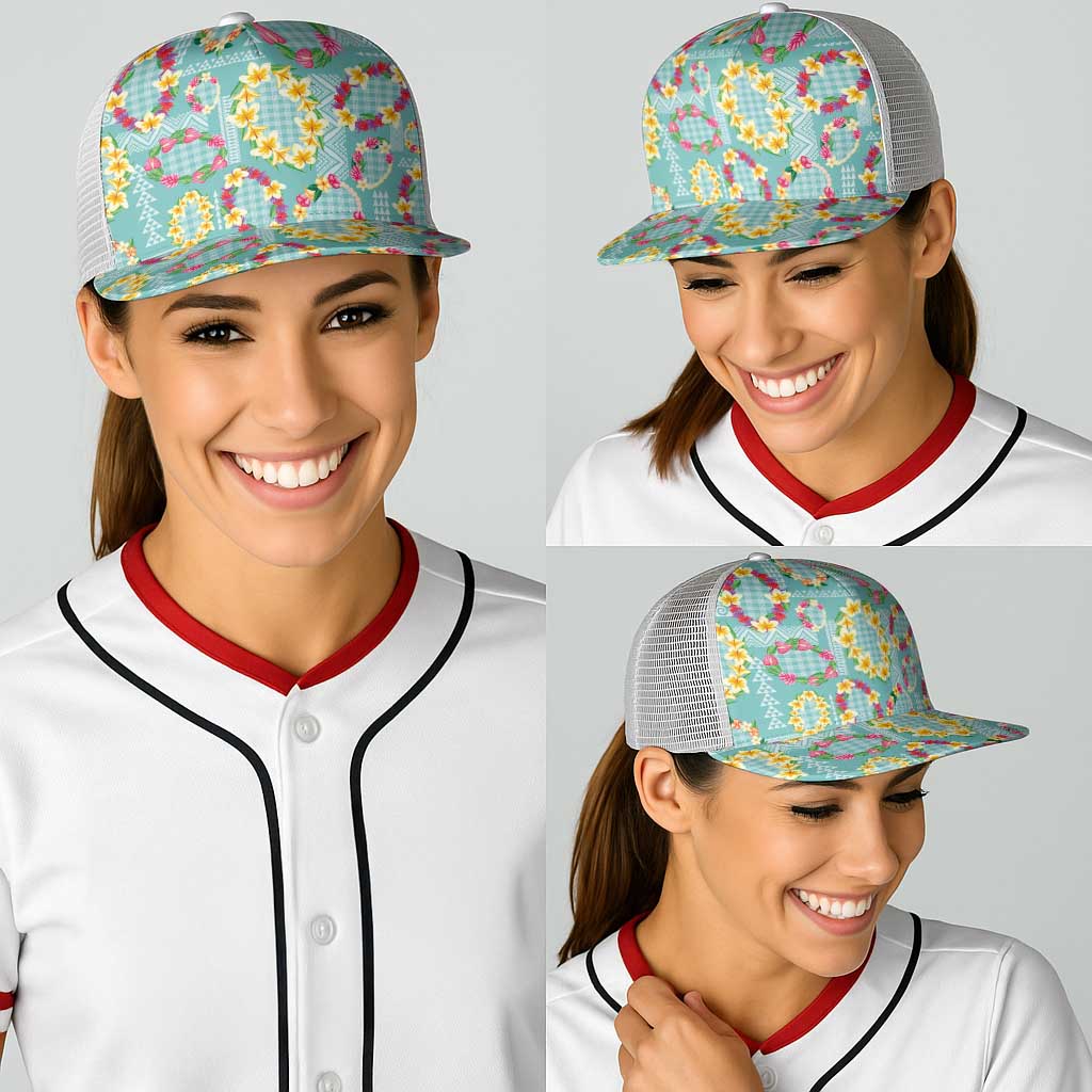 Hawaiian Leis Baseball Net Cap Kakau Tattoos and Palaka Pastel Teal Color