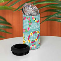Hawaiian Leis 4 in 1 Can Cooler Tumbler Kakau Tattoos and Palaka Pastel Teal Color