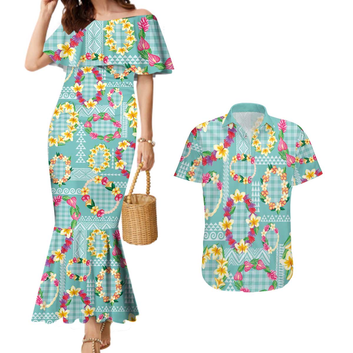 Hawaiian Leis Couples Matching Mermaid Dress and Hawaiian Shirt Kakau Tattoos and Palaka Pastel Teal Color