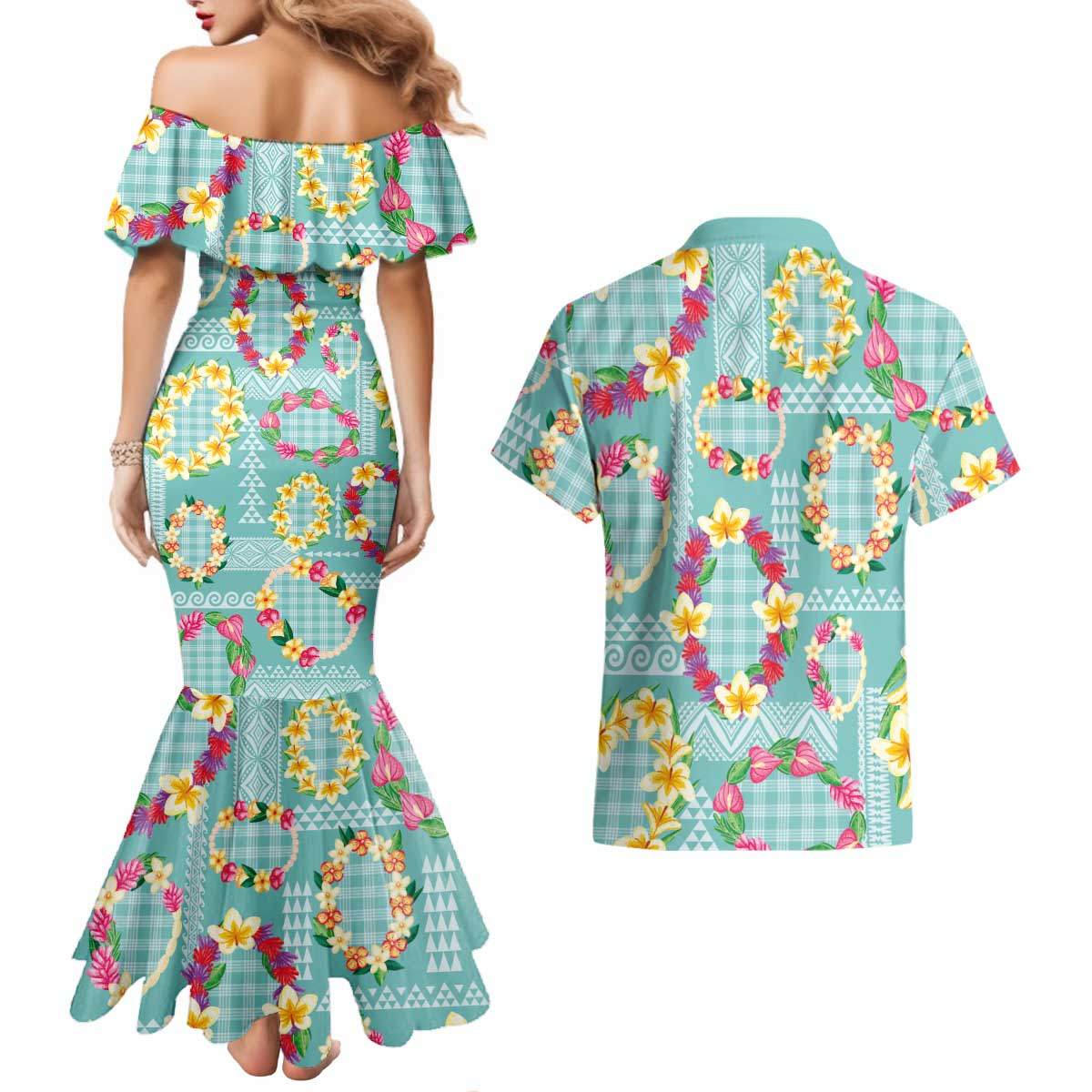 Hawaiian Leis Couples Matching Mermaid Dress and Hawaiian Shirt Kakau Tattoos and Palaka Pastel Teal Color