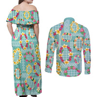 Hawaiian Leis Couples Matching Off Shoulder Maxi Dress and Long Sleeve Button Shirt Kakau Tattoos and Palaka Pastel Teal Color
