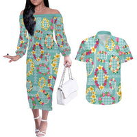 Hawaiian Leis Couples Matching Off The Shoulder Long Sleeve Dress and Hawaiian Shirt Kakau Tattoos and Palaka Pastel Teal Color
