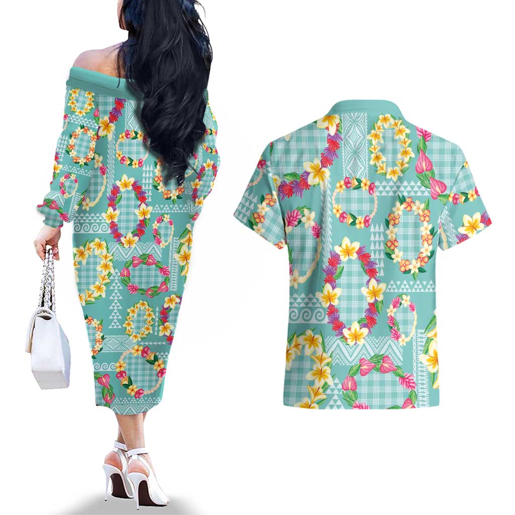 Hawaiian Leis Couples Matching Off The Shoulder Long Sleeve Dress and Hawaiian Shirt Kakau Tattoos and Palaka Pastel Teal Color