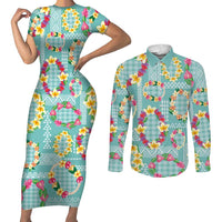 Hawaiian Leis Couples Matching Short Sleeve Bodycon Dress and Long Sleeve Button Shirt Kakau Tattoos and Palaka Pastel Teal Color