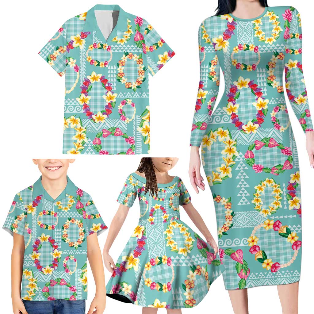 Hawaiian Leis Family Matching Long Sleeve Bodycon Dress and Hawaiian Shirt Kakau Tattoos and Palaka Pastel Teal Color