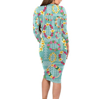 Hawaiian Leis Family Matching Long Sleeve Bodycon Dress and Hawaiian Shirt Kakau Tattoos and Palaka Pastel Teal Color