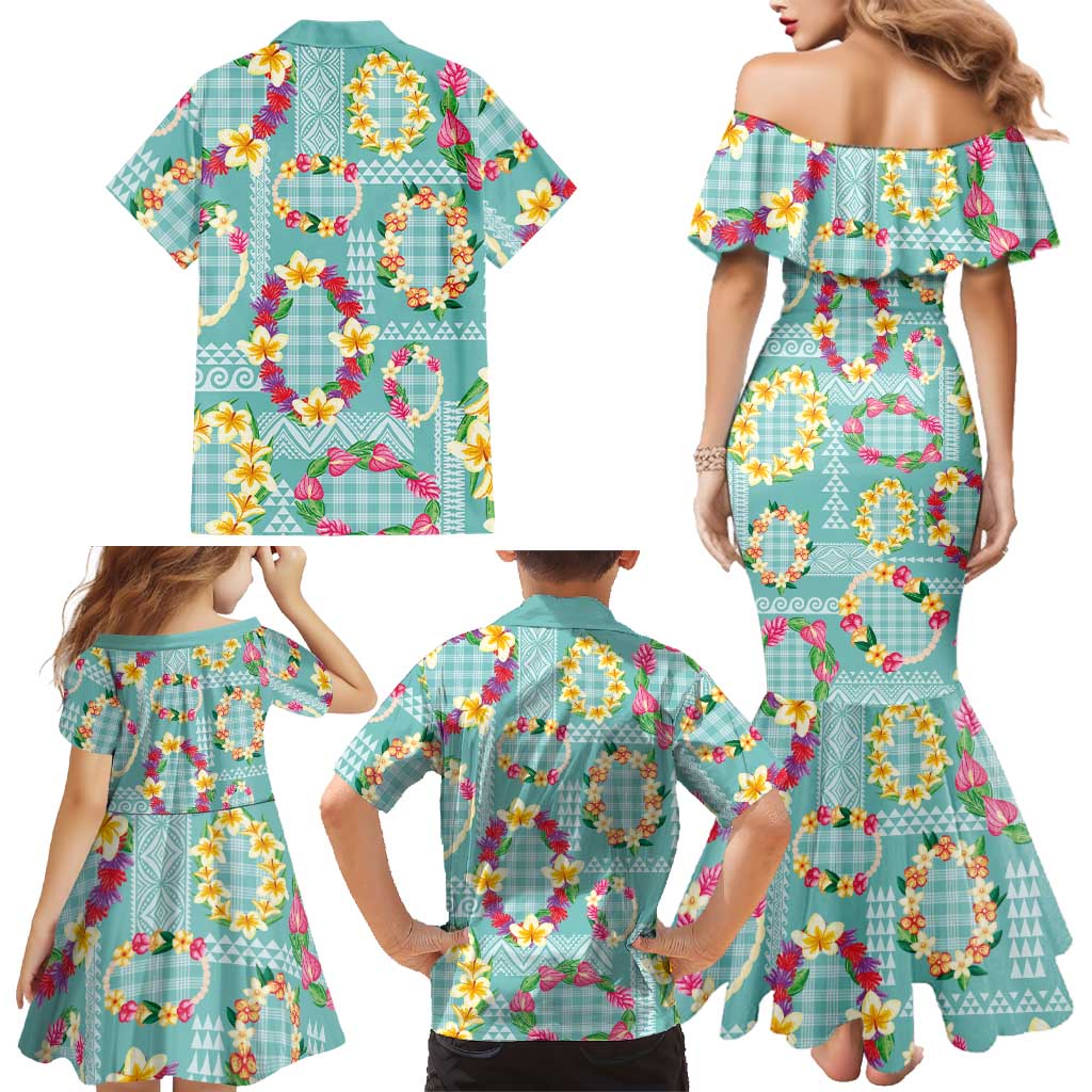 Hawaiian Leis Family Matching Mermaid Dress and Hawaiian Shirt Kakau Tattoos and Palaka Pastel Teal Color