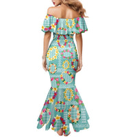Hawaiian Leis Family Matching Mermaid Dress and Hawaiian Shirt Kakau Tattoos and Palaka Pastel Teal Color
