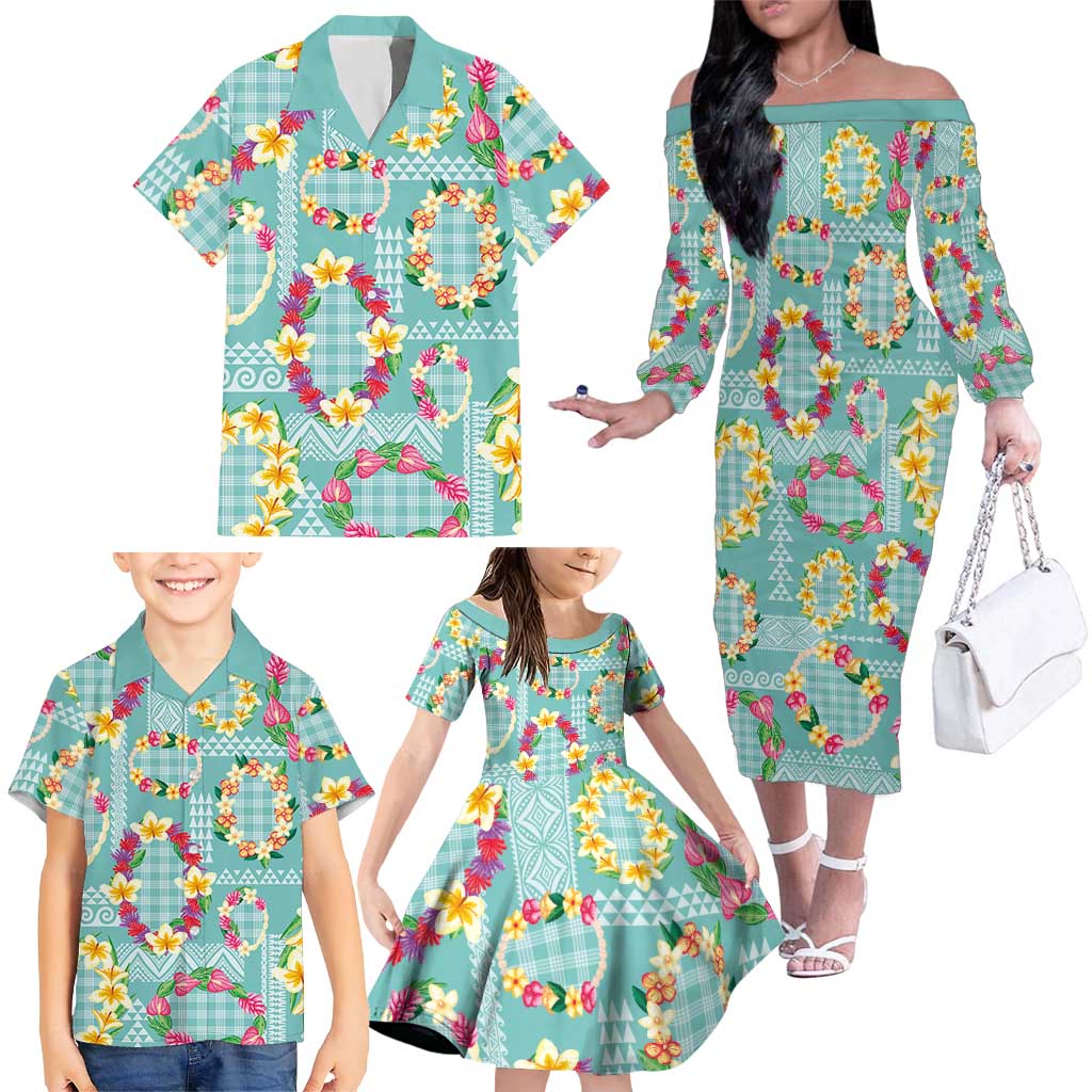 Hawaiian Leis Family Matching Off The Shoulder Long Sleeve Dress and Hawaiian Shirt Kakau Tattoos and Palaka Pastel Teal Color LT03 - Polynesian Pride