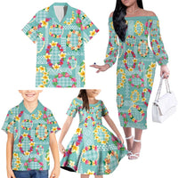 Hawaiian Leis Family Matching Off The Shoulder Long Sleeve Dress and Hawaiian Shirt Kakau Tattoos and Palaka Pastel Teal Color